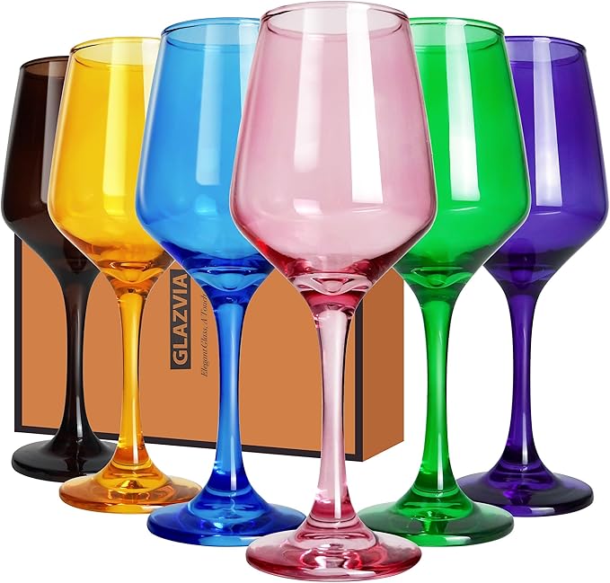 Colored Wine Glasses Set of 6-12oz Colorful Long Stem Wine Glass Cups, Multi Color Pretty Crystal Glassware, Hand Blown Goblets Drinkware, Unique Drinking Stemware Holiday Gift Set for Women-Ruum Studio Home
