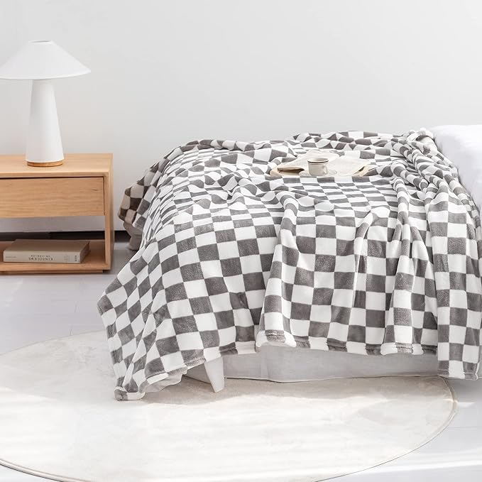 LOMAO Throw Blankets Flannel Blanket with Checkerboard Grid Pattern Soft Throw Blanket for Couch, Bed, Sofa Luxurious Warm and Cozy for All Seasons (Grey, 60"x80")-Ruum Studio Home