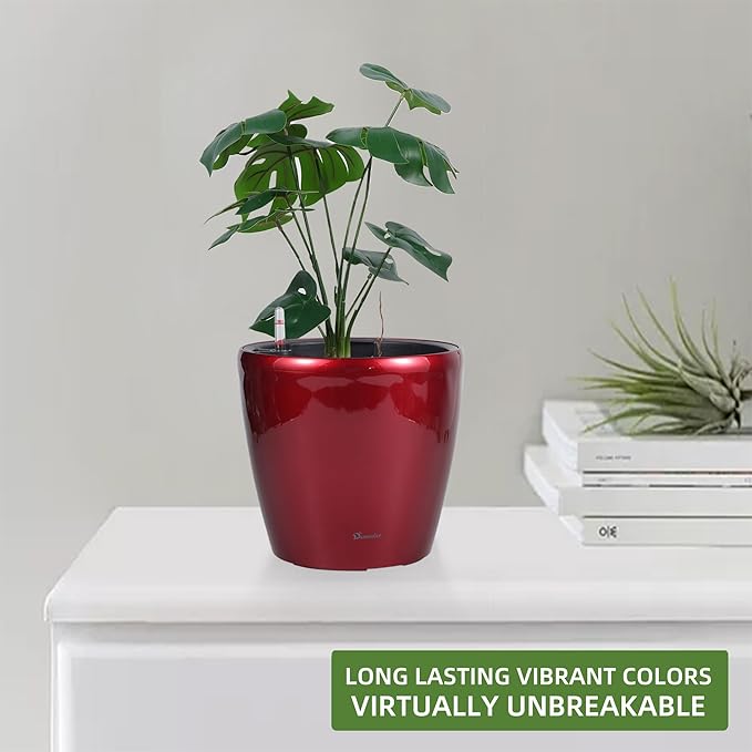 Dexceder 11x10 Inches High Gloss Self Watering Planter Indoor Outdoor, Inner Pot Design, Thickened Table Flower Plant Pot with Water Level Indicator (Red)-Ruum Studio Home