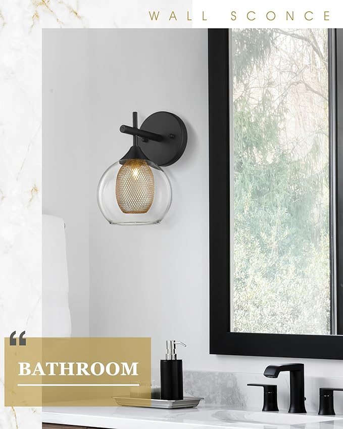 Black Wall Sconce Set of 2, Bathroom Vanity Light Fixture with Clear Glass and Honeycomb Metal Shade, Sconces Wall Lighting for Mirror Bedroom Hallway, AD-22001-1W2-BK-Ruum Studio Home