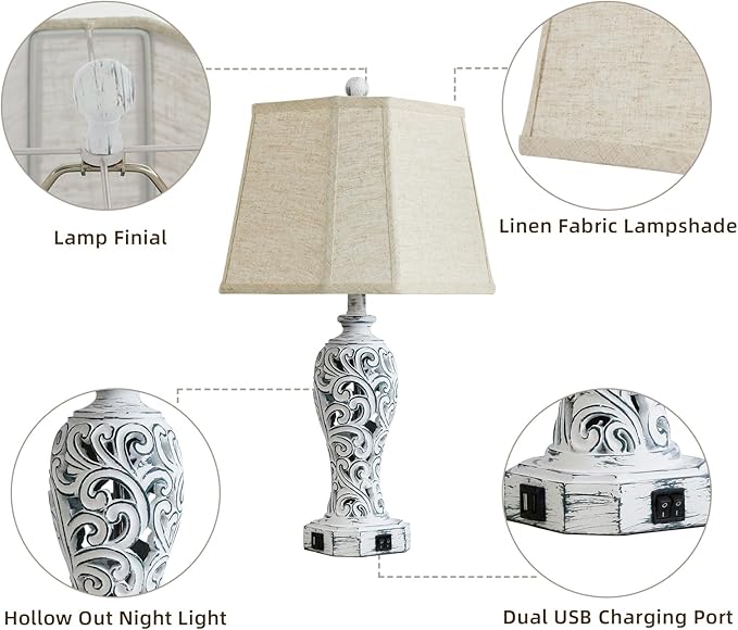 25'' Farmhouse Table Lamps Set of 2 for Living Room Bedroom, 2 USB Ports Rustic Vintage Nightstand Table Lamp with Nightlight, Hollow Out Resin Lamp for End Table (Bulbs Included)-Ruum Studio Home