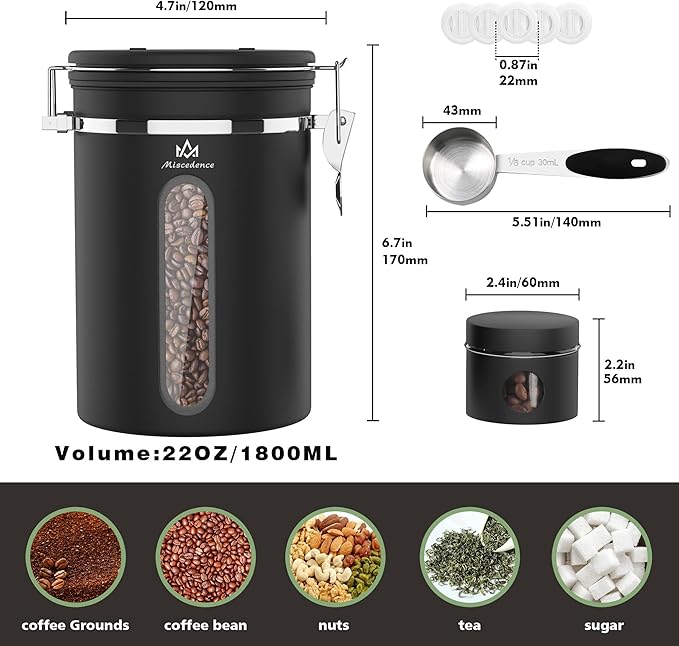 Coffee Canister for ground coffee with Transparent Window,Date Tracker CO2 Valve 304 Stainless Steel Kitchen Food Airtight storage container for Coffee Beans or Grounds, Tea, Sugar(black 22OZ)-Ruum Studio Home