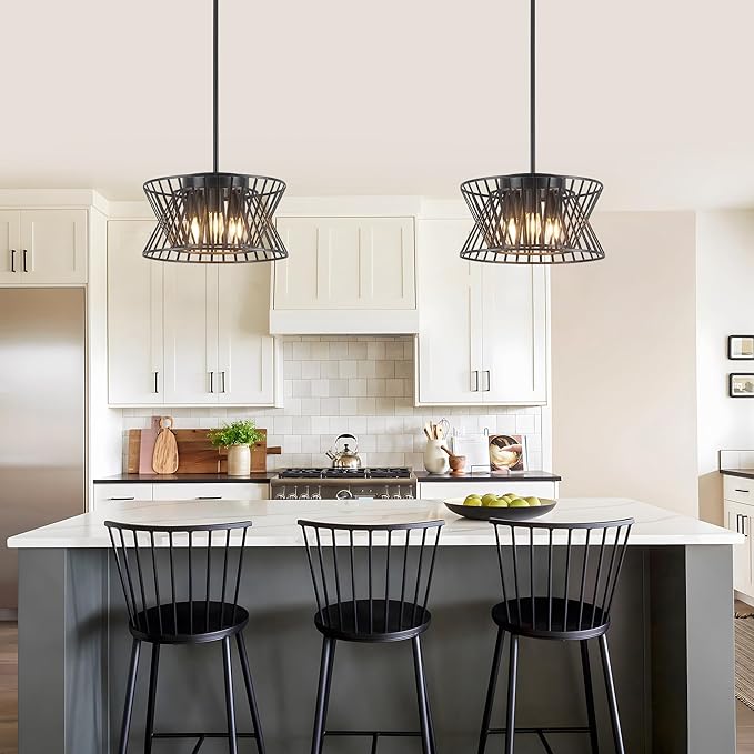 3-Lights Black Pendant Light Vintage Geometric Chandelier Light Fixture Adjustable Metal Lighting Fixtures for Kitchen Room Dining Room Foyer-Ruum Studio Home