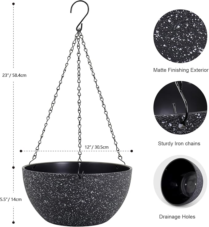 12 inch Large Hanging Planters for Indoor Outdoor Plants, 2 Pack Hanging Flower Pots with Drainage Holes and Chain for Garden Porch, Plastic Hanging Baskets for House Plants, Speckled Black-Ruum Studio Home