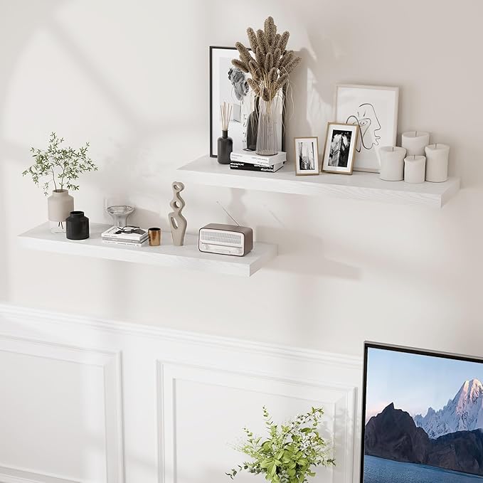 Fun Memories White Floating Shelves 36 Inch Long, 9 Inch Deep Wall Shelves Set of 2, 36 x 9 Floating Shelf for Wall, Rustic Wood Floating Shelves for Kitchen, Living Room, Bedroom-Ruum Studio Home