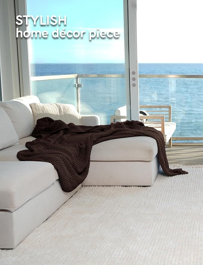 YnM Chunky Cotton Knit Throw Blanket, Cable Knit Throws for Bed Couch Sofa, Comfy & Relaxing, Decorative Piece for Farmhouse Modern Boho Rustic Scandinavian Chic Vibe, Chocolate Brown 80x87 Inches-Ruum Studio Home