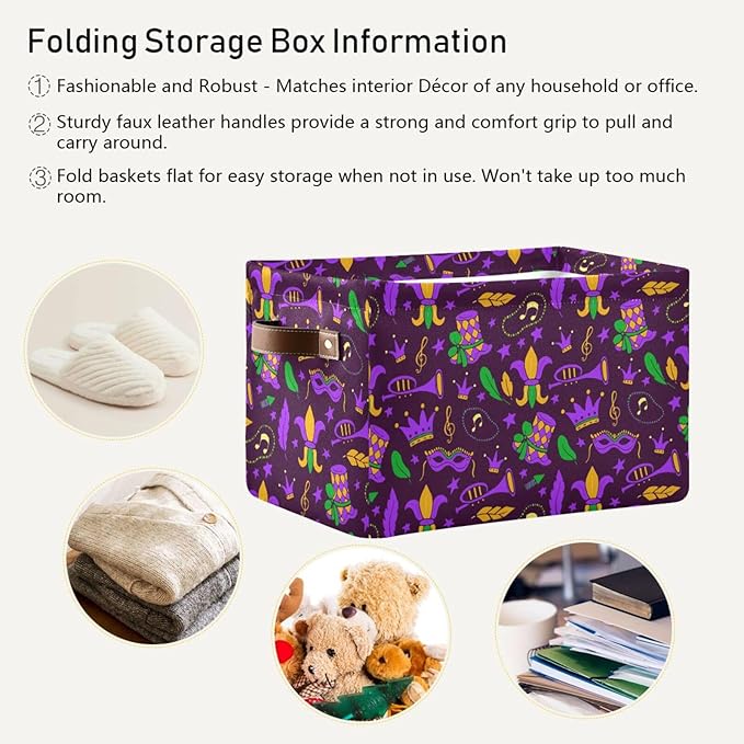 Mardi Gras Carnival Storage Basket Cube Storage Bins Organizer Bag Collapsible Closet Shelf Baskets with handle for Baby Cloth Pet Toy Book 14.2×10.2×8.3 IN-Ruum Studio Home