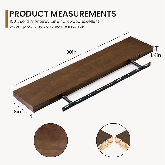 Fun Memories Farmhouse Floating Shelves - 8 Inch Deep Rustic Wood Wall Shelf - Premium Solid Pine Wood Storage Shelf for Kitchen Living Room Bedroom - 30" W x 8" D - Set of 2 - American Walnut-Ruum Studio Home