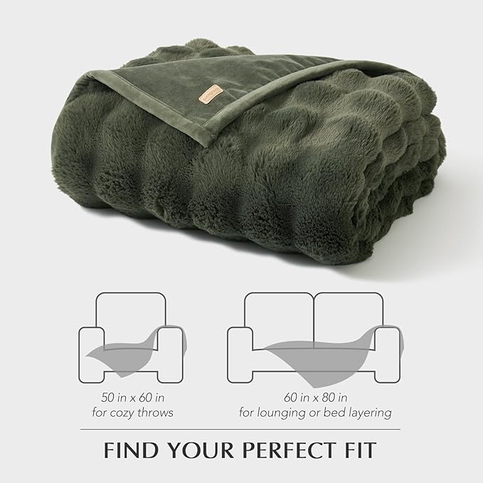 EVERGRACE Ultra Soft Luxury Fluffy Ridgeline Faux Rabbit Fur Throw Blanket, Thick Warm Bubble Throw for Bed, Cozy Plush Reversible Blankets for Couch, Chair, Sofa, Green, 60x80 Inches, 870 GSM-Ruum Studio Home