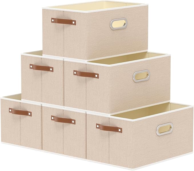 Yawinhe Foldable Storage Baskets for Shelves, Fabric Closet Organizers, Bins with 3 Handles, Cubes for Clothes, Beige, 15''Lx9.8''Wx8.3''H, 6-Pack-Ruum Studio Home