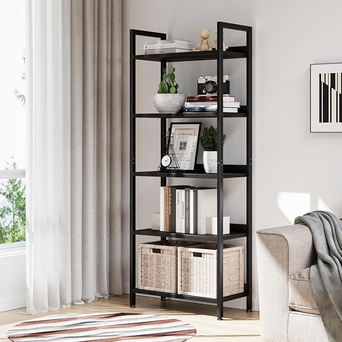 NUMENN Bookshelf, 5 Tier Bookshelves, Home Office Bookcase Shelf Storage Organizer, Free Standing Storage Shelving Unit for Bedroom, Living Room and Home Office, Carbon Fibre-Ruum Studio Home