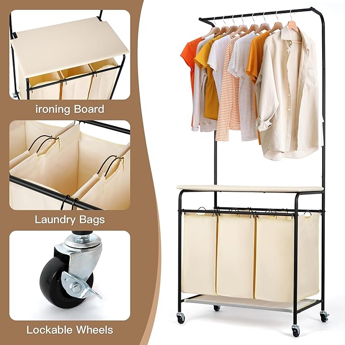 MYOYAY 3 Section Laundry Sorter with Garment Hanging Bar Rack Foldable Ironing Board, Laundry Basket Organizer Heavy Duty Laundry Hamper Rolling Cart with Lockable Wheels and 3 Removable Bags-Ruum Studio Home