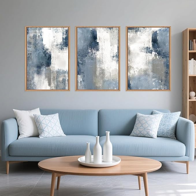 LHIUEM Large Abstract Brush Strokes Framed Canvas Wall Art Set,Navy Blue and Gray Wall Decor,Modern Color Block Shape Artwork,Minimalist Neutral Blue Printing for Living Room,Bedroom, Office-16''x24''x3-Ruum Studio Home