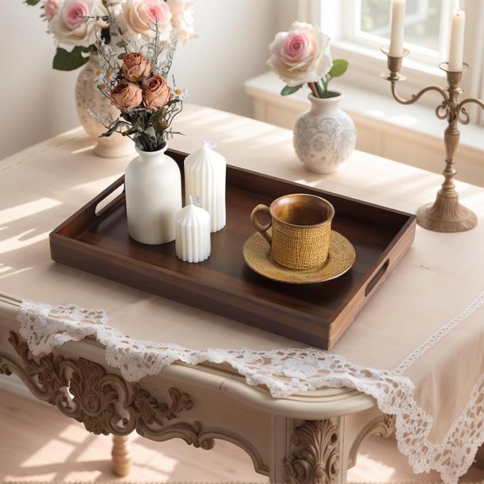 Acacia Wood Serving Tray with Handles, 17 Inch Wooden Tray for Ottoman, Breakfast, Lunch, Dinner, Decorative Rectangular Tray for Living Room, Kitchen Counter, Outdoor-Ruum Studio Home