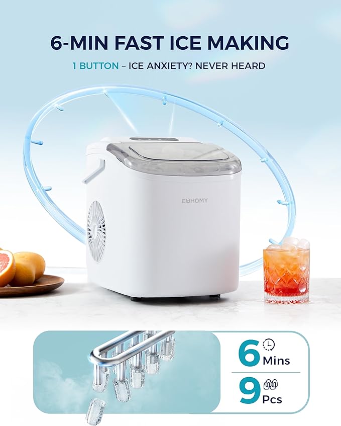 EUHOMY Countertop Ice Maker Machine with Handle, 26lbs Per Day, 9 Ice Cubes Ready in 6 Mins, Auto-Cleaning Portable Ice Maker with Basket and Scoop, for Home/Kitchen/Camping/RV (White)-Ruum Studio Home