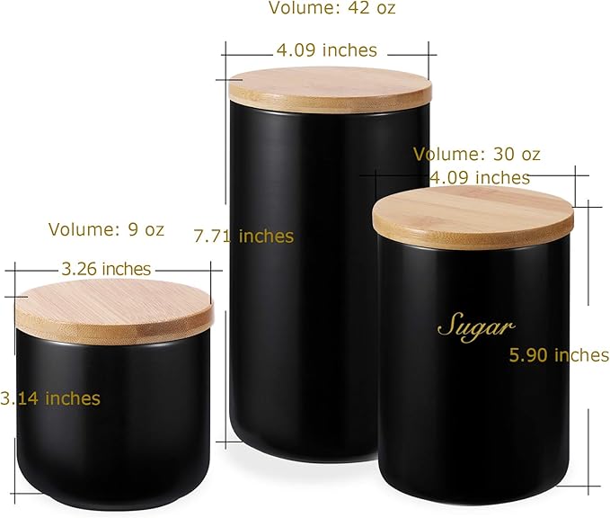 Yangbaga Black Canisters Sets for Kitchen-Set of 3 Coffee Canisters for Countertop with Airtight Wood Lids/Spoons/Stickers, Ceramic Food Storage Containers for Large Suger,Coffee,Tea (42/30/9OZ)-Ruum Studio Home