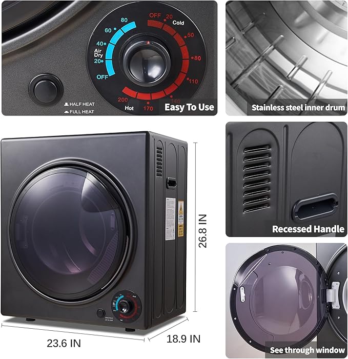 CTT 3.5 cu.ft Portable Dryer for Apartments,1500W Compact Dryer with 4 Drying Modes,120V Electric Dryers for Laundry, Apartments, RVs, Dorms, Black-Ruum Studio Home