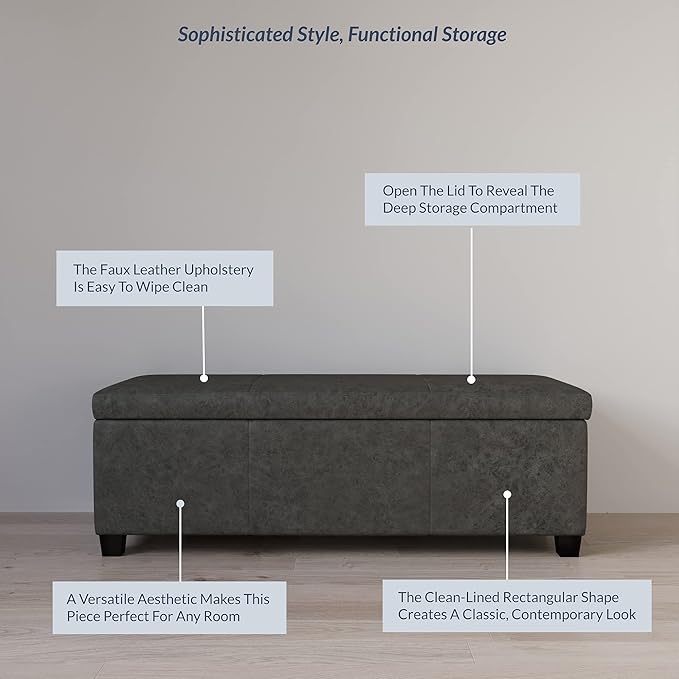 BELLEZE Storage Faux Leather Ottoman, 47 Inch Bench Bedroom Bench with Safety Close Hinge, Extra Long Ottoman with Storage for Living Room, Entryway, Hallway, Foot Rest, Support 300lbs - Rustic Gray-Ruum Studio Home