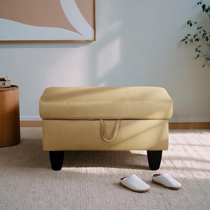 Ottoman Rectangular Storage Ottoman Bench, Flannel Footrest Stool Footstool with Lid for Living Room, Bedroom, Entryway, Light Brown, 28.5"x19"x17.5"-Ruum Studio Home