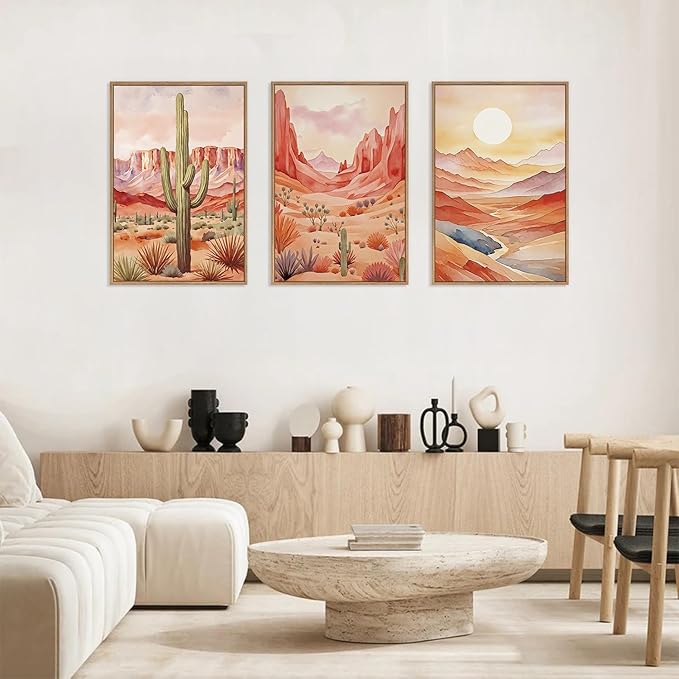 HLNIUC Boho Desert Plant Framed Canvas Wall Art Set,Southwestern Sun Mountain Wall Decor,Cactus Sunset Landscape Wall Painting,Watercolor Abstract Desert Art Prints for Living Room,Bedroom - 16”x24”x3-Ruum Studio Home