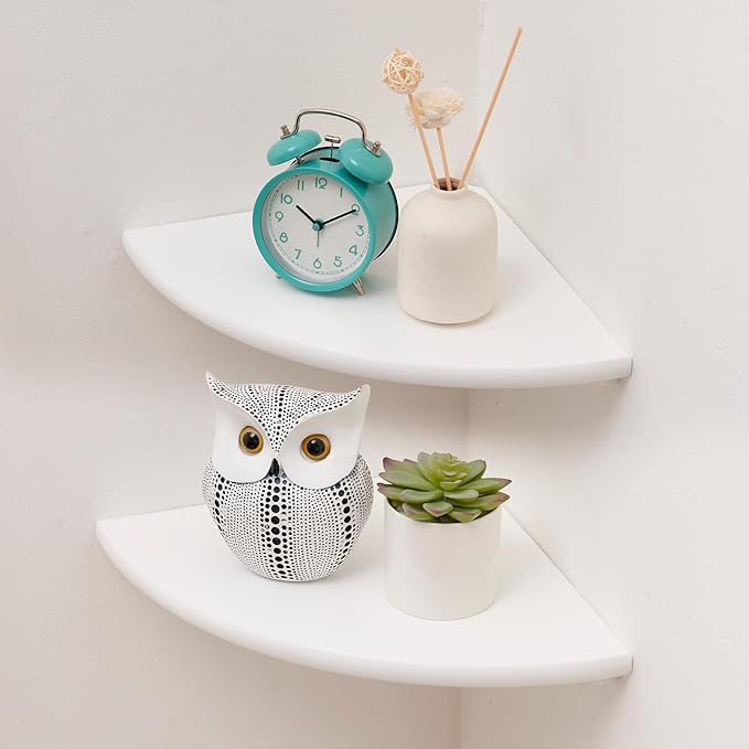 Corner Shelf, White Floating Corner Shelf, Set of 2 7inch Solid Oak Wood Corner Wall Shelves, Round End Wall Mount Display Shelf with Wire Hole for Small Plant for Bedroom Kitchen, Living Room-Ruum Studio Home