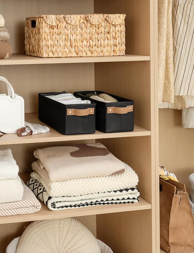 StorageWorks Narrow Storage Bins, Small Basket for Closet and Shelves, Fabric Organizer with Handles, Toilet Paper Storage, Black, 2-Pack-Ruum Studio Home