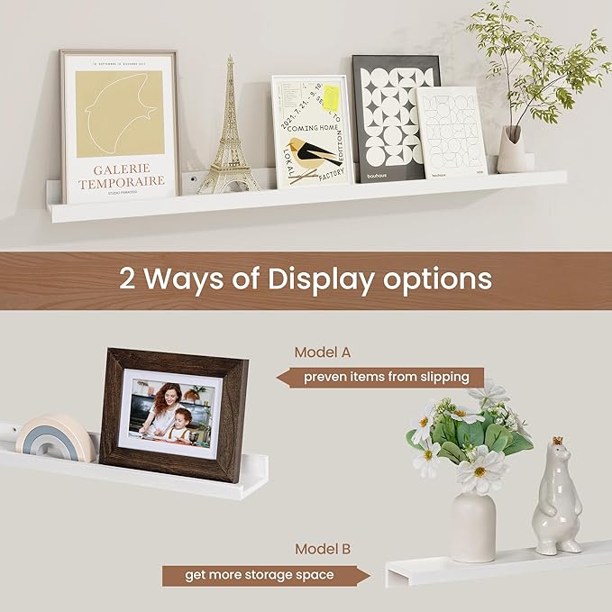 Picture Ledge Shelf, Solid Pine Wood Floating Shelves Set of 2, 32 Inches Nursery Book Shelves for Toys Storage, Kids Bookshelf Wall Mounted for Living Room Bedroom Decor Books Photo Frames, White-Ruum Studio Home