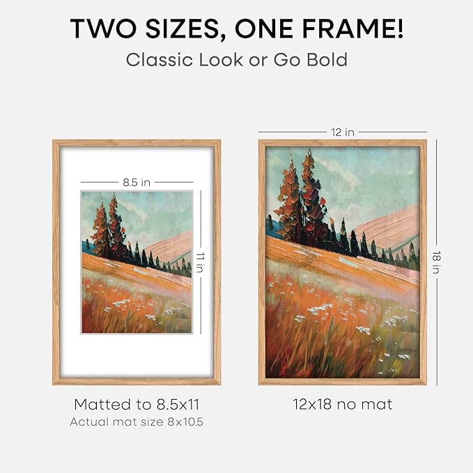Homeforia 12x18 Picture Frame Wood, High End Natural Oak 12x18 Light Wooden Poster Frame with Mat 8.5x11, 12 x 18 Frames Matted to 8.5 by 11 Photo, 18x12 Thin Frame, Tempered Glass, Wall Kit, Set of 1-Ruum Studio Home