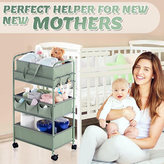 Honeydak 2in1 Baby Diaper Caddy Organizer Cart 3 Tier Large Capacity Metal Utility Bedside Rolling Cart with Divider for Newborn Nursery Essential Must Have for Crib Bedroom Baby Shower(Green)-Ruum Studio Home