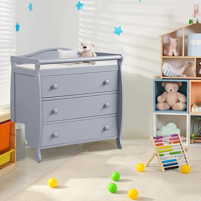 Costzon 3-Drawer Changing Table, Infant Diaper Changing Station with Drawers, Safety Rails & Strap, Baby Changing Table Dresser for Nursery, Easy Assembly (Gray)-Ruum Studio Home