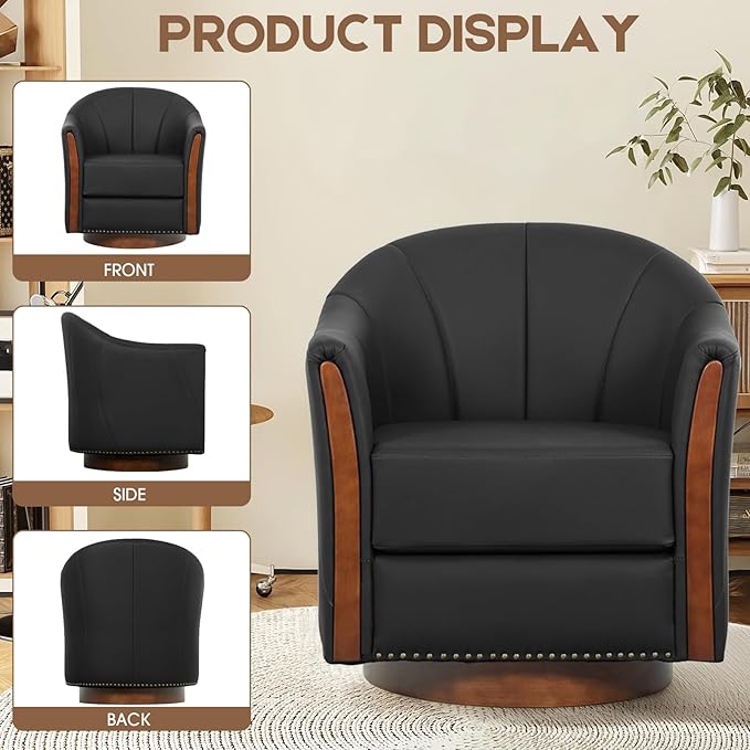 360° Swivel Accent Chair, Modern Leather Barrel Club Chair with PU Leather Upholstery and Sturdy Wood Base, Comfortable Armchair for Living Room, Bedroom, Reading Nook, Black-Ruum Studio Home