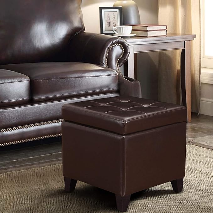 Adeco Bonded Leather Square Tufted Footstool, 18", Brown Storage Ottomans,-Ruum Studio Home