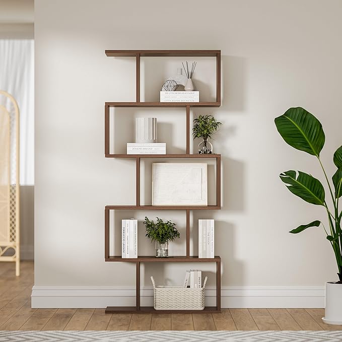 Brown 5-Tier Geometric Bookcase, S-Shaped Modern Bookshelf Set of 2, 62.6" Tall Room Divider Book Shelf, Decorative Display Shelf-Ruum Studio Home