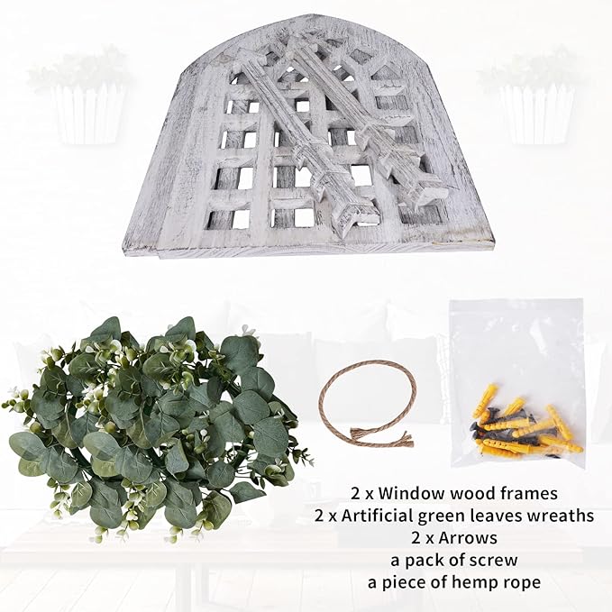 Rustic Wood Window Frame with Green Wreath and Arrows Wall Decor，Farmhouse Window Frame Hanging Decor, Wooden Fake Decoration,Window Pane Wall Decor,Set of 2 (windows white)-Ruum Studio Home