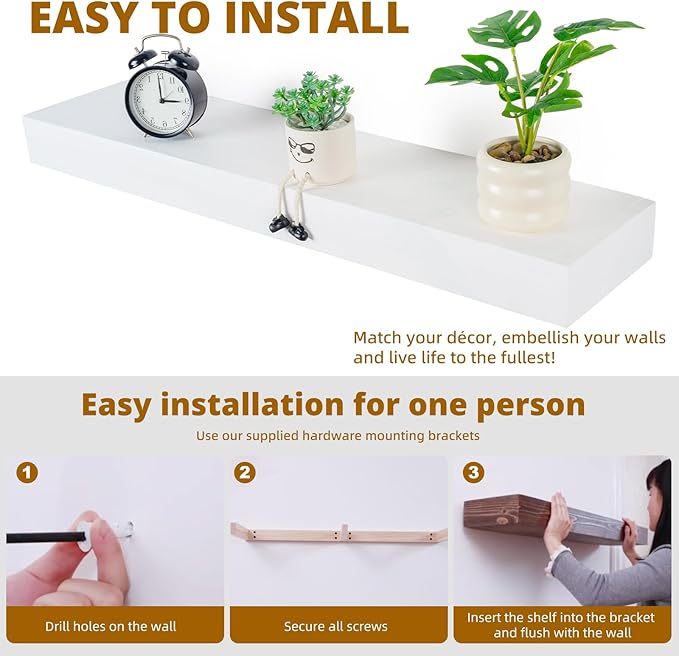 Floating Shelves 3 inch Thick for Wall Set of 2,Solid Pine Wood Wall Mount Shelf for Kitchen Living Room Bedroom Bathroom,8" D x 60" L x 3" H-White-Ruum Studio Home