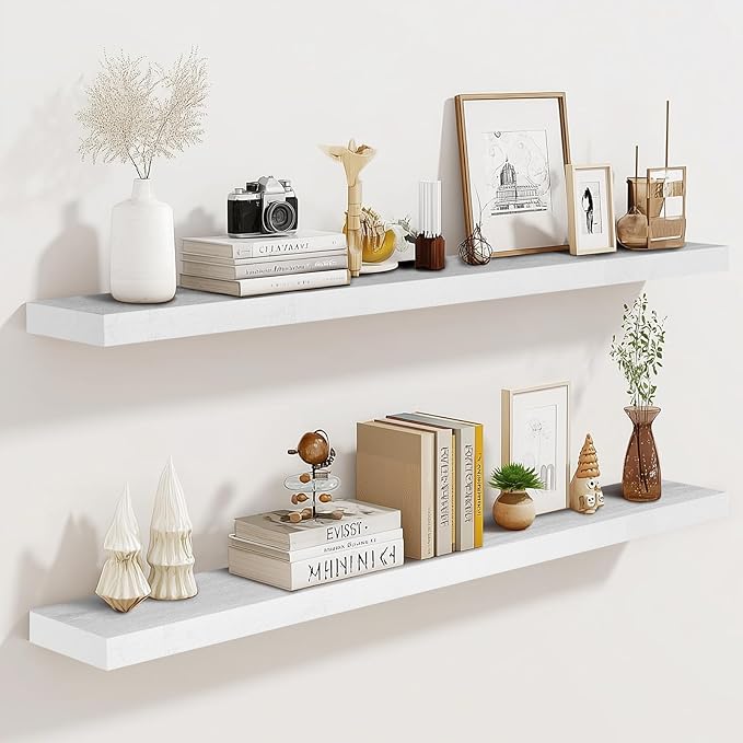 36"x6.8"x1.2" Solid Wood Floating Shelves 2-Pack - Rustic White Finish with Hidden Brackets, Perfect for Storage and Décor in Living Room, Kitchen, Bedroom-Ruum Studio Home