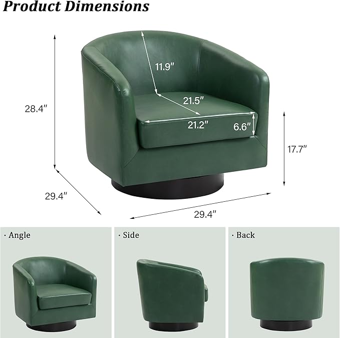 Swivel Barrel Accent Chair, Modern Round Faux Leather Arm Chair for Living Room, Bedroom, Comfy Club Reading Chairs for Adults(Faux Leather, Green, Set of 2)-Ruum Studio Home