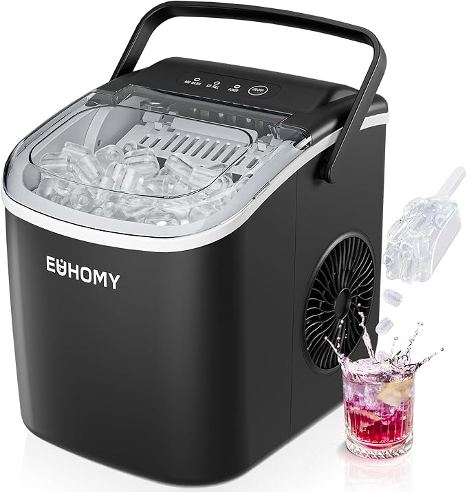 EUHOMY Countertop Ice Maker Machine with Handle, 26lbs in 24Hrs, 9 Ice Cubes Ready in 6 Mins, Auto-Cleaning Portable Ice Maker with Basket and Scoop, for Home/Kitchen/Camping/RV. (Black)-Ruum Studio Home