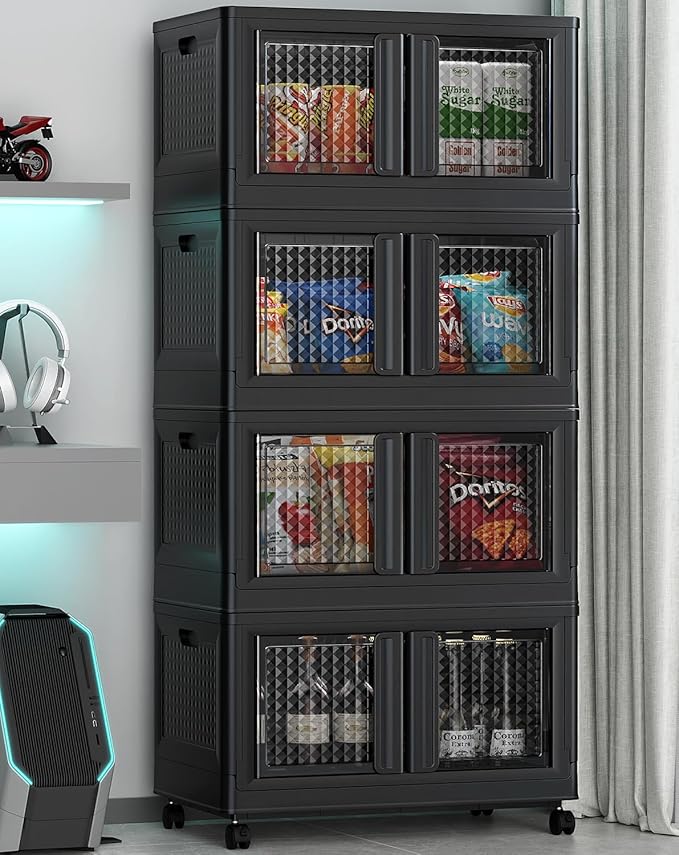 400Qt Stackable Storage Bins with Lids, 100Gal Closet Organizers and Storage Drawer, Plastic Collapsible Storage Bins with Doors, Heavy Duty Store Box Cabinet for Home Kitchen, 4Pack Black-Ruum Studio Home