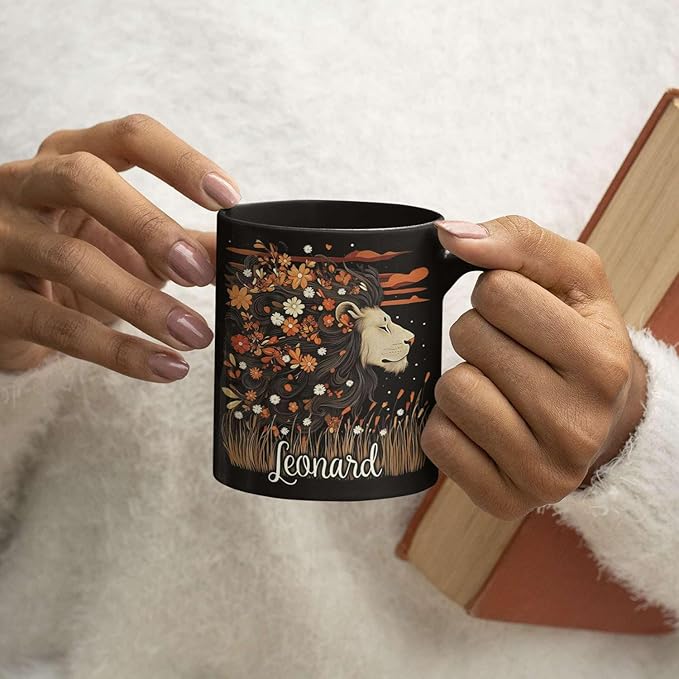 Personalized Lion Lover Cup with Vibrant Floral, Custom Name Coffee Mug 11oz or 15oz, Custom Nature Inspired Ceramic Cup, Artistic Lion Black Coffee Mug, Gifts for Women, Men-Ruum Studio Home