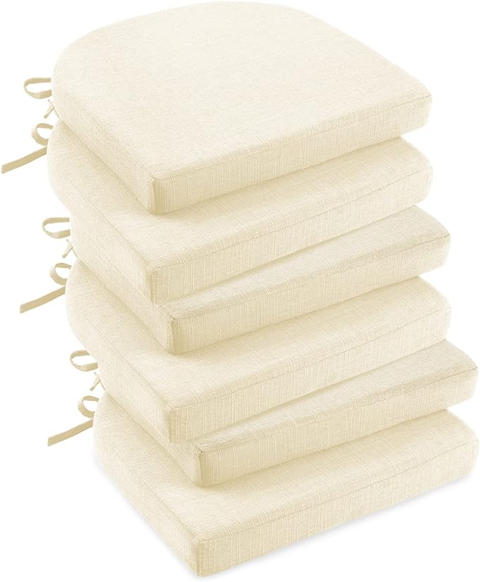 downluxe Indoor Chair Cushions for Dining Chairs, Foam Kitchen Chair Pads with Ties and Non-Slip Backing, 16" x 16" x 2", Beige, 6 Pack-Ruum Studio Home