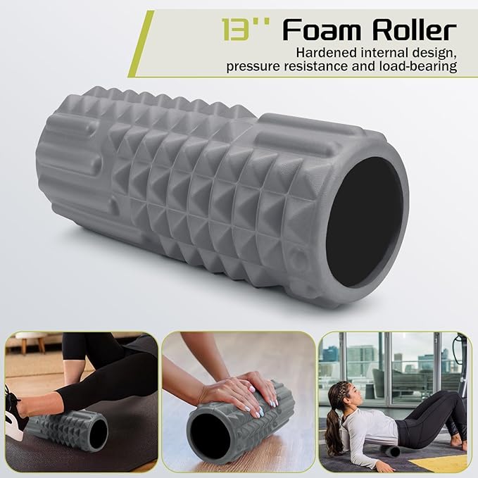 5-in-1 Foam Roller Set, Massage Roller Stick, Massage Ball, Resistance Band for Deep Muscle Massage, Trigger Point Release, Pilates, Yoga (Grey)-Ruum Studio Home