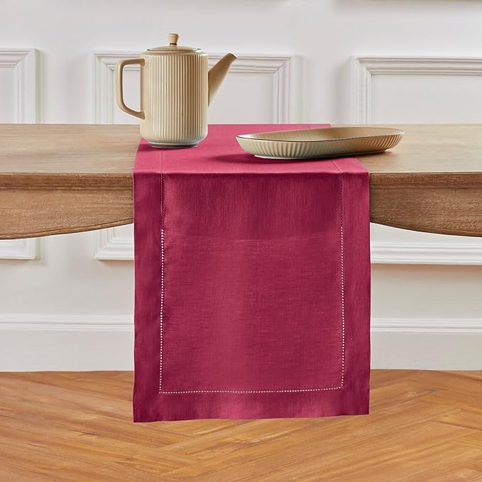 Solino Home Linen Beet Table Runner 144 Inches Long - 100% Pure Linen Extra Long Table Runner 14 x 144 Inch for Fall, Autumn, Thanksgiving - Classic Hemstitch-Ruum Studio Home