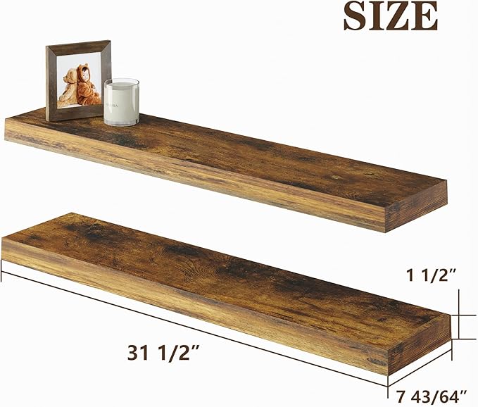 BAMEOS Floating Shelves, 31W x 7D Rustic Brown Wall Mounted Wooden Shelves with Invisible Brackets Set of 2, Hanging Wall Shelves Decoration for Bedroom, Bathroom, Living Room and Kitchen-Ruum Studio Home