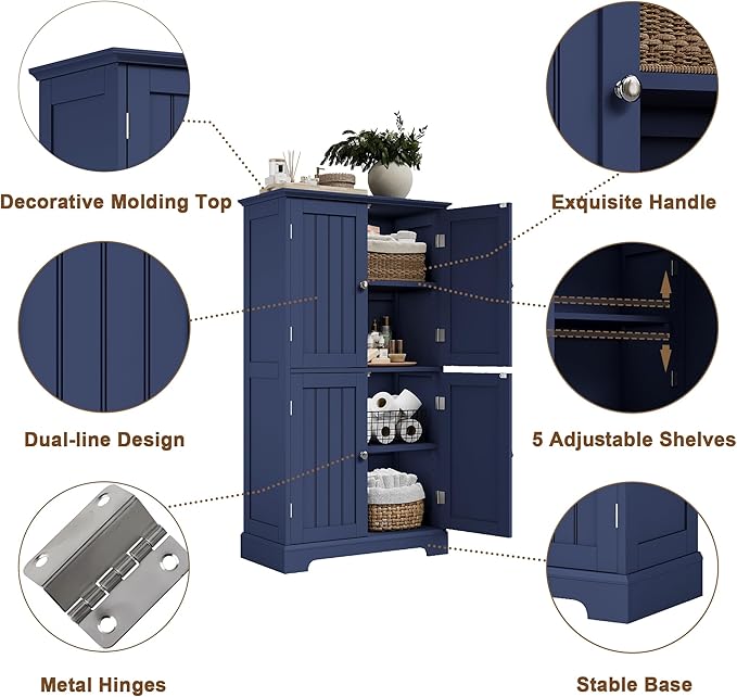 ChooChoo Bathroom Floor Cabinet, Modern Bathroom Storage Cabinet with 4 Doors and Adjustable Shelves, Freestanding Cupboard for Living Room, Navy Blue-Ruum Studio Home
