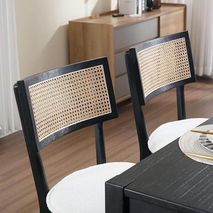 Rattan Dining Chairs Set Of 4 , Mid Century Modern Black Wooden Cane Back Chairs with Removable Sherpa Cushion , Retro Farmhouse Upholstered Kitchen & Dining Room Chairs for Restaurant Living Room-Ruum Studio Home