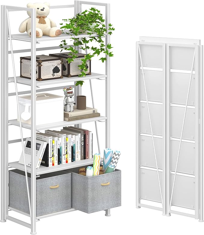 4NM No Assembly Foldable Bookshelf, 5-Shelf Collapsible Bookcase Storage for Small Spaces, 62.2" H, All White-Ruum Studio Home