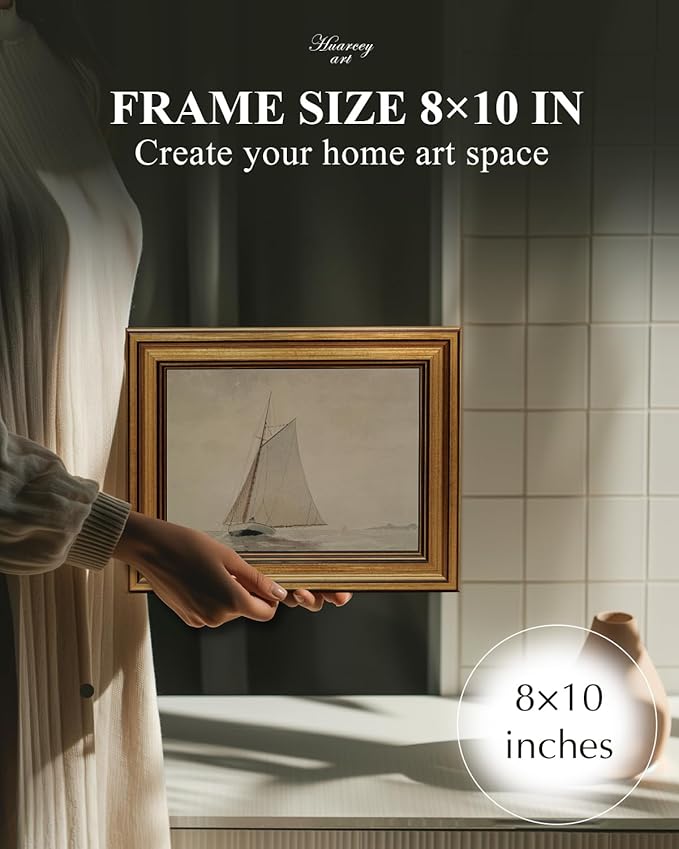 Gold Framed Vintage Wall Art for Living Room, Seaview Painting Prints Shelf Decor for Kitchen, Aesthetic Bedroom Wall Art, Christmas Gifts for Friends or Family (White Sailboat - 8"x10")-Ruum Studio Home