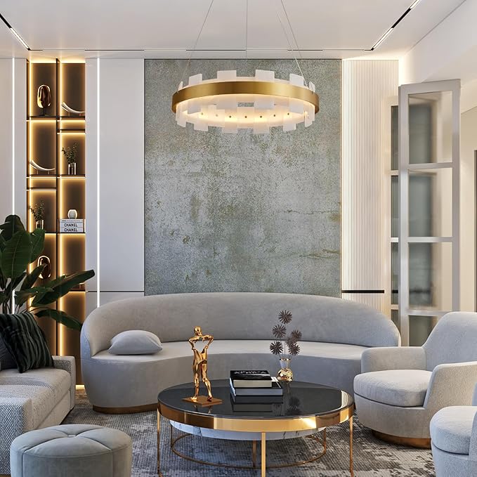 20" Natural Spanish Alabaster Round Chandelier, Adjustable Large Chandeliers for Living Room Over Table, Modern Luxury Alabaster Stone Chandelier for Drawing Room, Bedroom, Hallway, Foyer-Ruum Studio Home