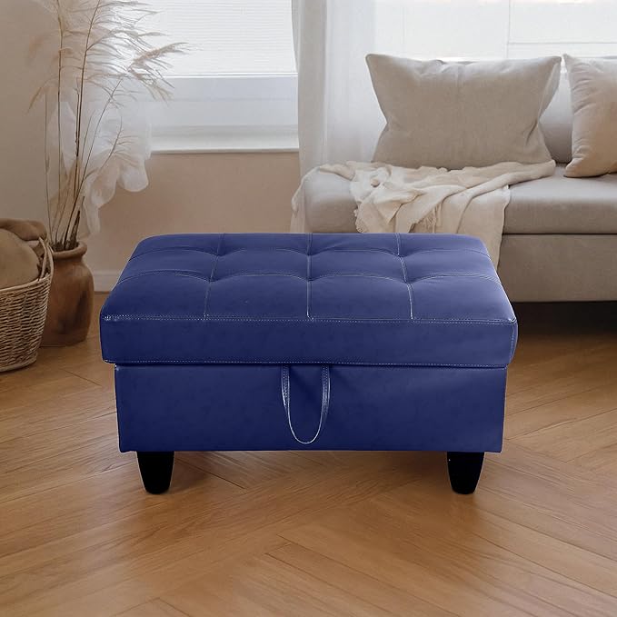 Ottoman Rectangular Storage Ottoman Bench, Faux Leather Footrest, Coffee Table, Stool Footstool with Hinged Lid for Living Room, Bedroom, Entryway, Blue, 35"x23.5"x17.5"-Ruum Studio Home